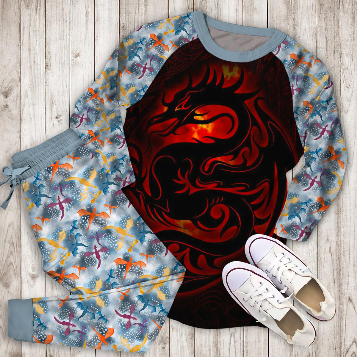 Dragon Pajama Set | Pajamas | Cotton Sleepwear Sets | Soft Long Sleeve Pjs | Raglan Shirt and Pants Set