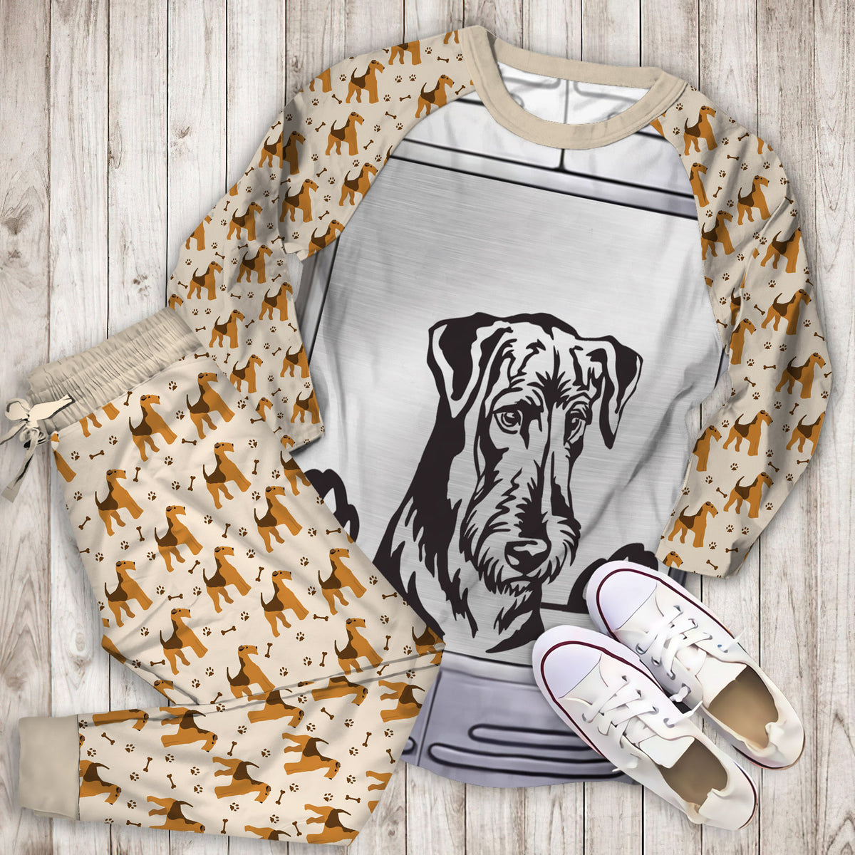 Airedale Terrier Metal Pajama Set |Sleepwear Pjs Sets | Raglan Shirt Pants Set