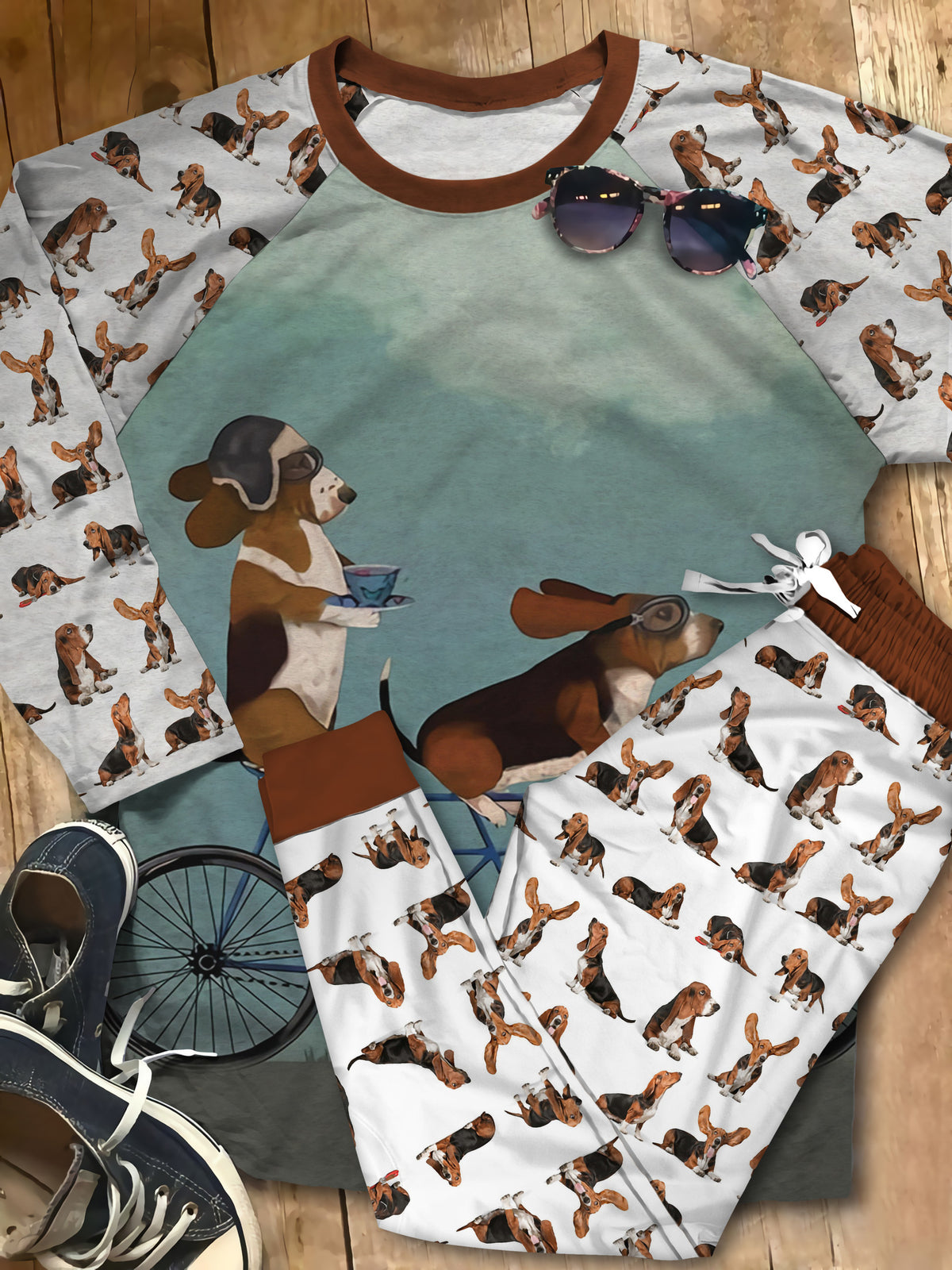 Basset Hound Pajama Set |Sleepwear Pjs Sets | Raglan Shirt Pants Set