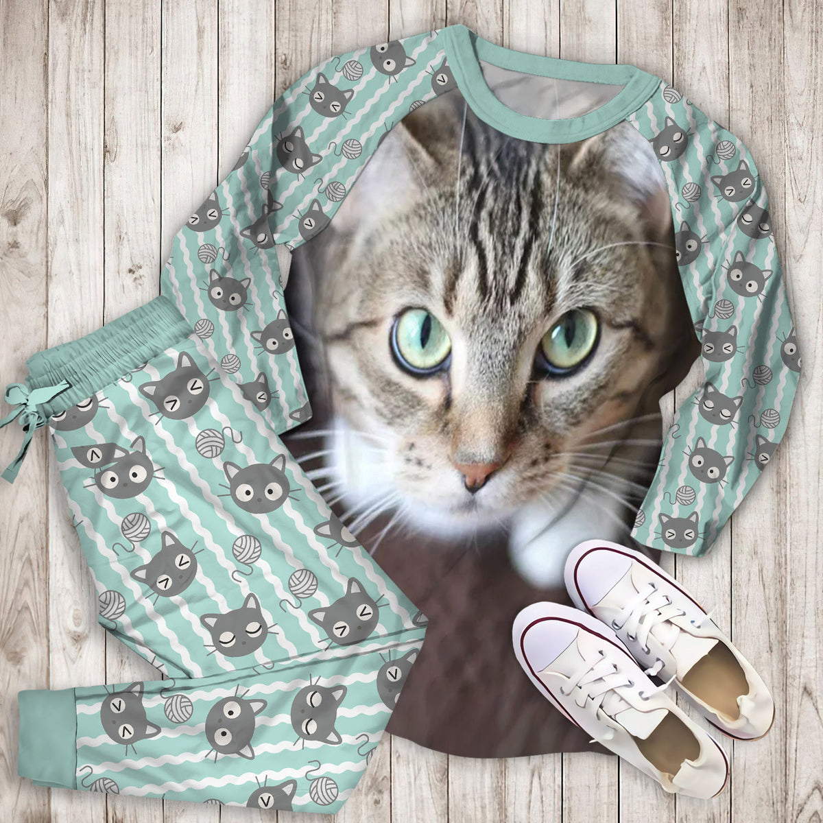 Cute Cat Pajama Set | Pajamas | Cotton Sleepwear Sets | Soft Long Sleeve Pjs | Raglan Shirt and Pants Set