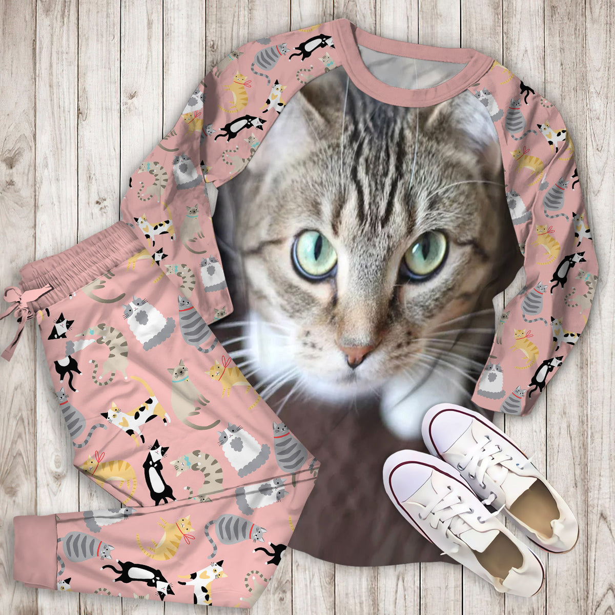 Cute Cat Pajama Set | Pajamas | Cotton Sleepwear Sets | Soft Long Sleeve Pjs | Raglan Shirt and Pants Set