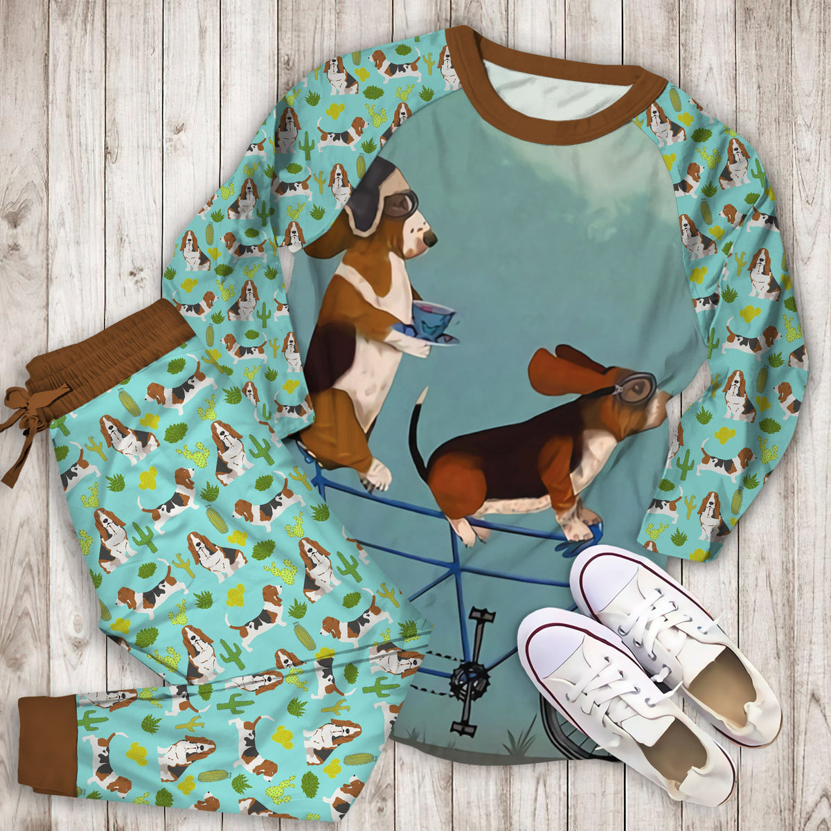 Basset Hound Pajama Set |Sleepwear Pjs Sets | Raglan Shirt Pants Set