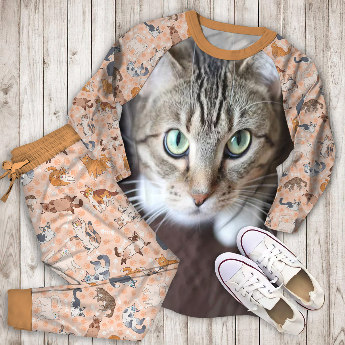 Cute Cat Pajama Set | Pajamas | Cotton Sleepwear Sets | Soft Long Sleeve Pjs | Raglan Shirt and Pants Set