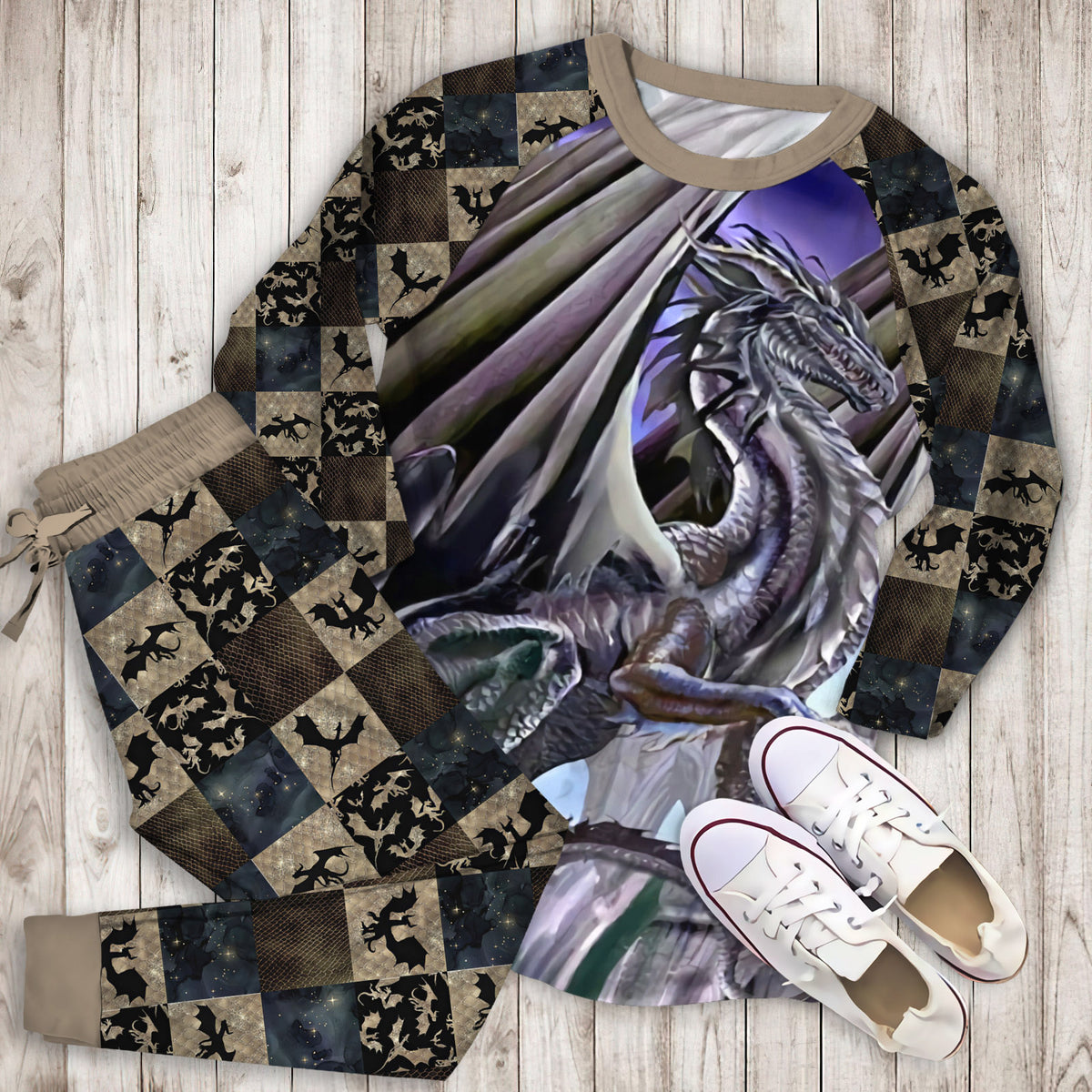 Dragon White Pajama Set | Pajamas | Cotton Sleepwear Sets | Soft Long Sleeve Pjs | Raglan Shirt and Pants Set