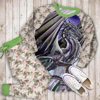 Dragon White Pajama Set | Pajamas | Cotton Sleepwear Sets | Soft Long Sleeve Pjs | Raglan Shirt and Pants Set