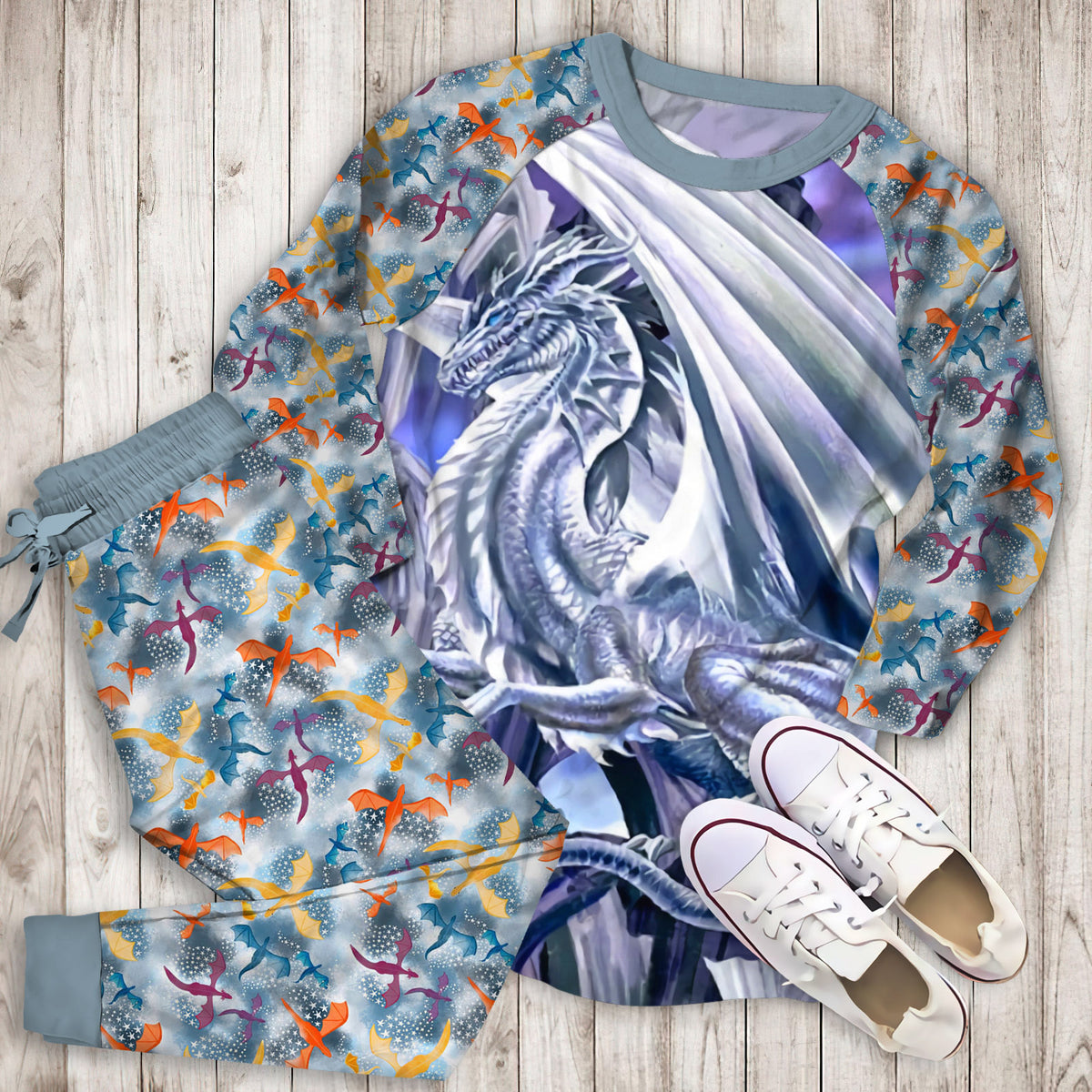 Dragon White Pajama Set | Pajamas | Cotton Sleepwear Sets | Soft Long Sleeve Pjs | Raglan Shirt and Pants Set