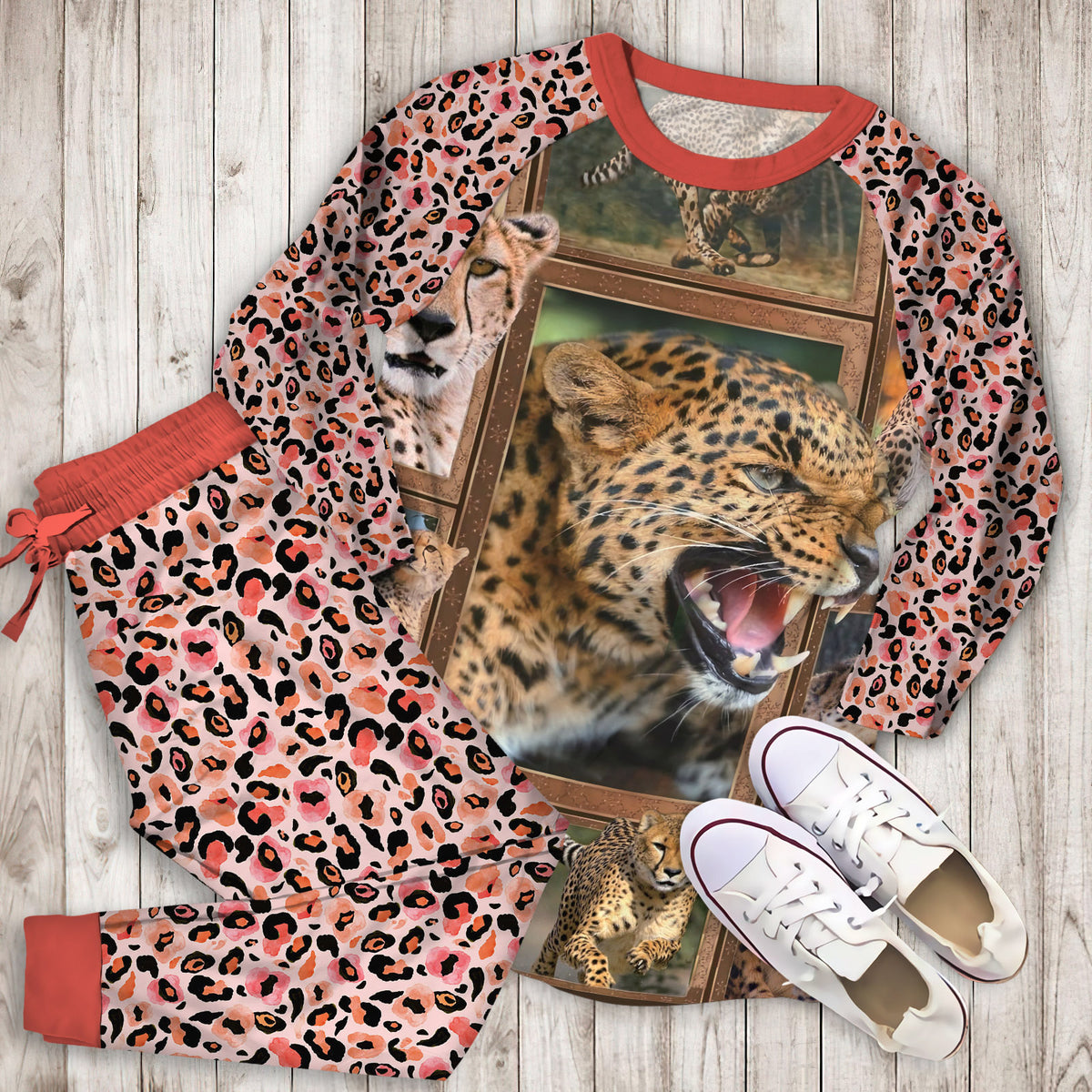 Cheetah Pajama Set |Sleepwear Pjs Sets | Raglan Shirt Pants Set
