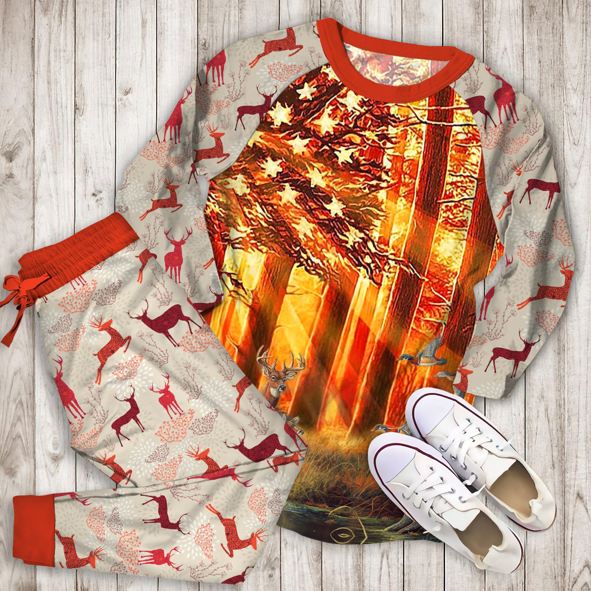 Deer Hunting Pajama Set | Pajamas | Cotton Sleepwear Sets | Soft Long Sleeve Pjs | Raglan Shirt and Pants Set
