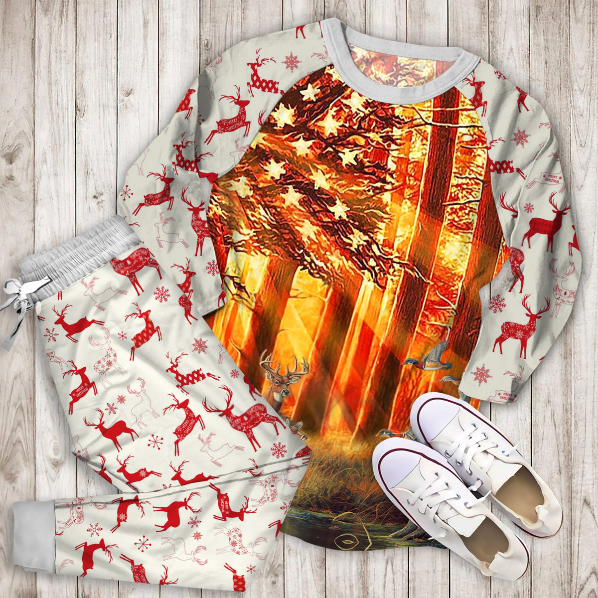 Deer Hunting Pajama Set | Pajamas | Cotton Sleepwear Sets | Soft Long Sleeve Pjs | Raglan Shirt and Pants Set