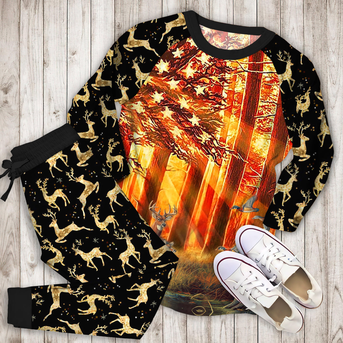 Deer Hunting Pajama Set | Pajamas | Cotton Sleepwear Sets | Soft Long Sleeve Pjs | Raglan Shirt and Pants Set