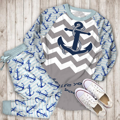 Wazzit Anchor Personalized Name Pajama Set |Sleepwear Pjs Sets | Raglan Shirt Pants Set