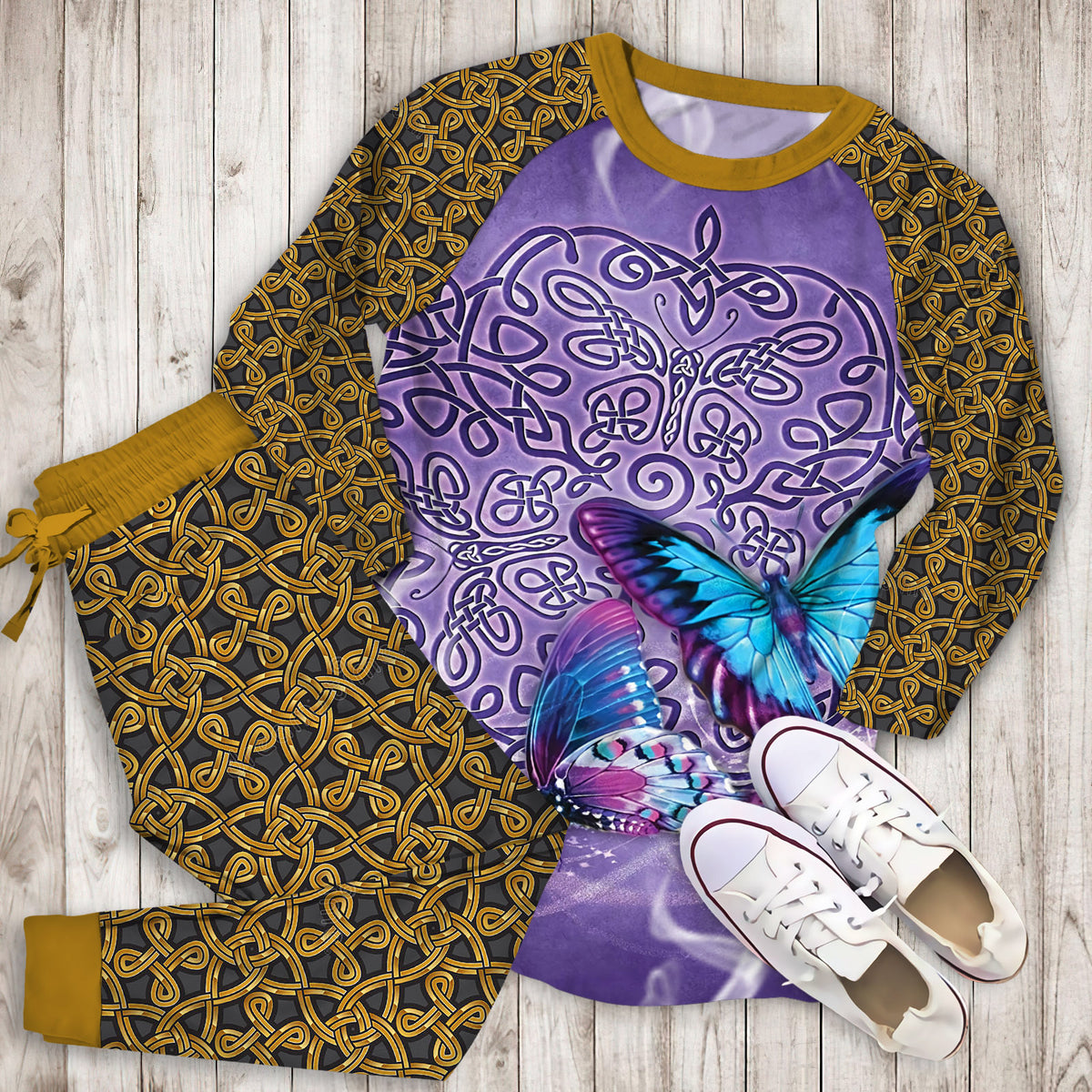 Celtic Butterfly Pajama Set | Pajamas | Cotton Sleepwear Sets | Soft Long Sleeve Pjs | Raglan Shirt and Pants Set