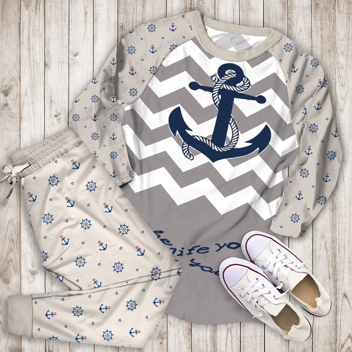 Wazzit Anchor Personalized Name Pajama Set |Sleepwear Pjs Sets | Raglan Shirt Pants Set