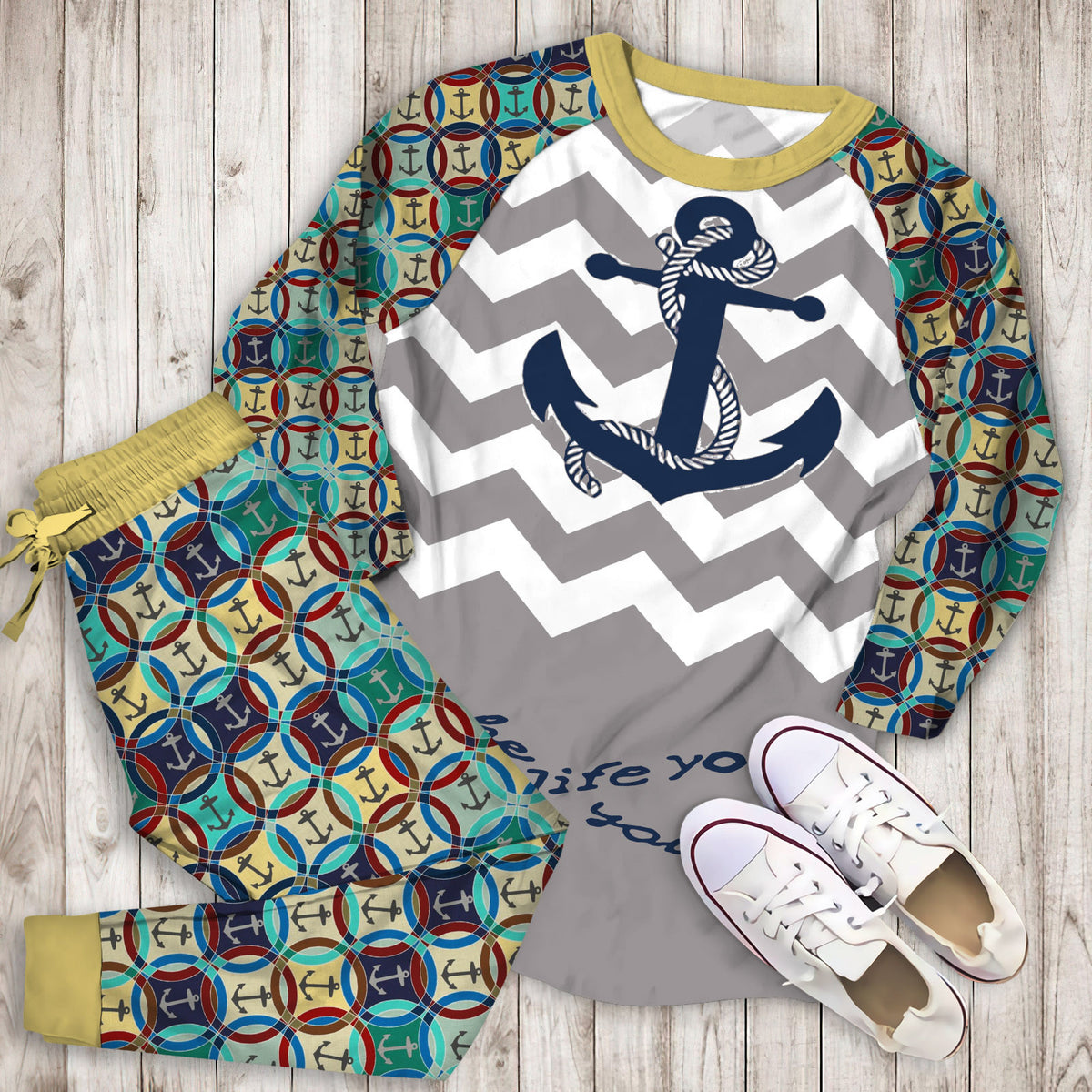 Wazzit Anchor Personalized Name Pajama Set |Sleepwear Pjs Sets | Raglan Shirt Pants Set