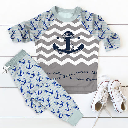 Wazzit Anchor Personalized Name Pajama Set |Sleepwear Pjs Sets | Raglan Shirt Pants Set