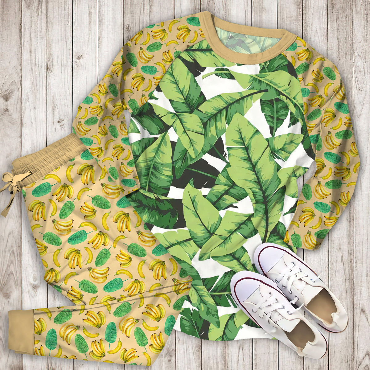 Banana Leaf Pajama Set | Pajamas | Cotton Sleepwear Sets | Soft Long Sleeve Pjs | Raglan Shirt and Pants Set