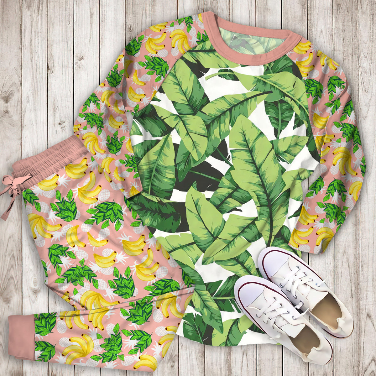 Banana Leaf Pajama Set | Pajamas | Cotton Sleepwear Sets | Soft Long Sleeve Pjs | Raglan Shirt and Pants Set