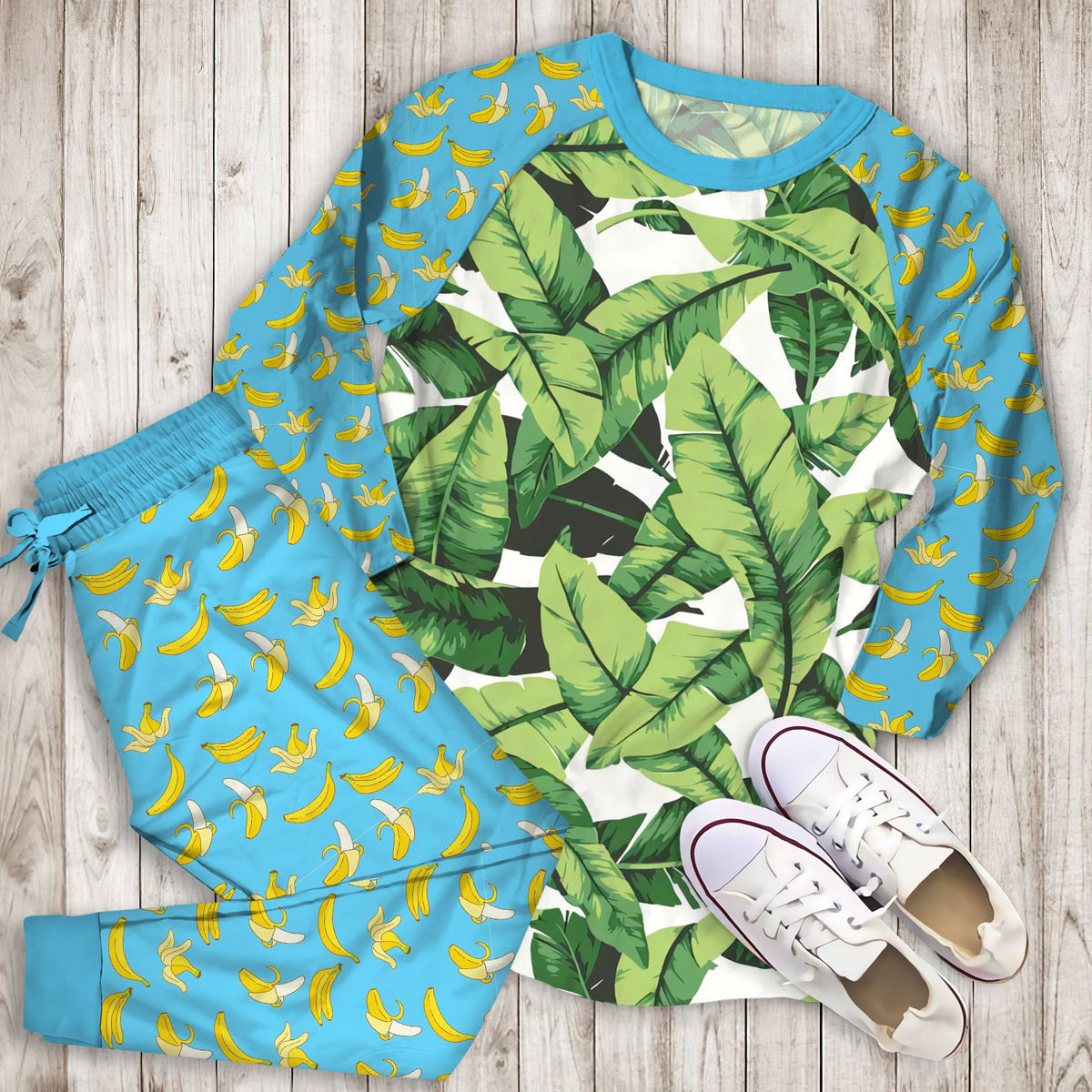Banana Leaf Pajama Set | Pajamas | Cotton Sleepwear Sets | Soft Long Sleeve Pjs | Raglan Shirt and Pants Set