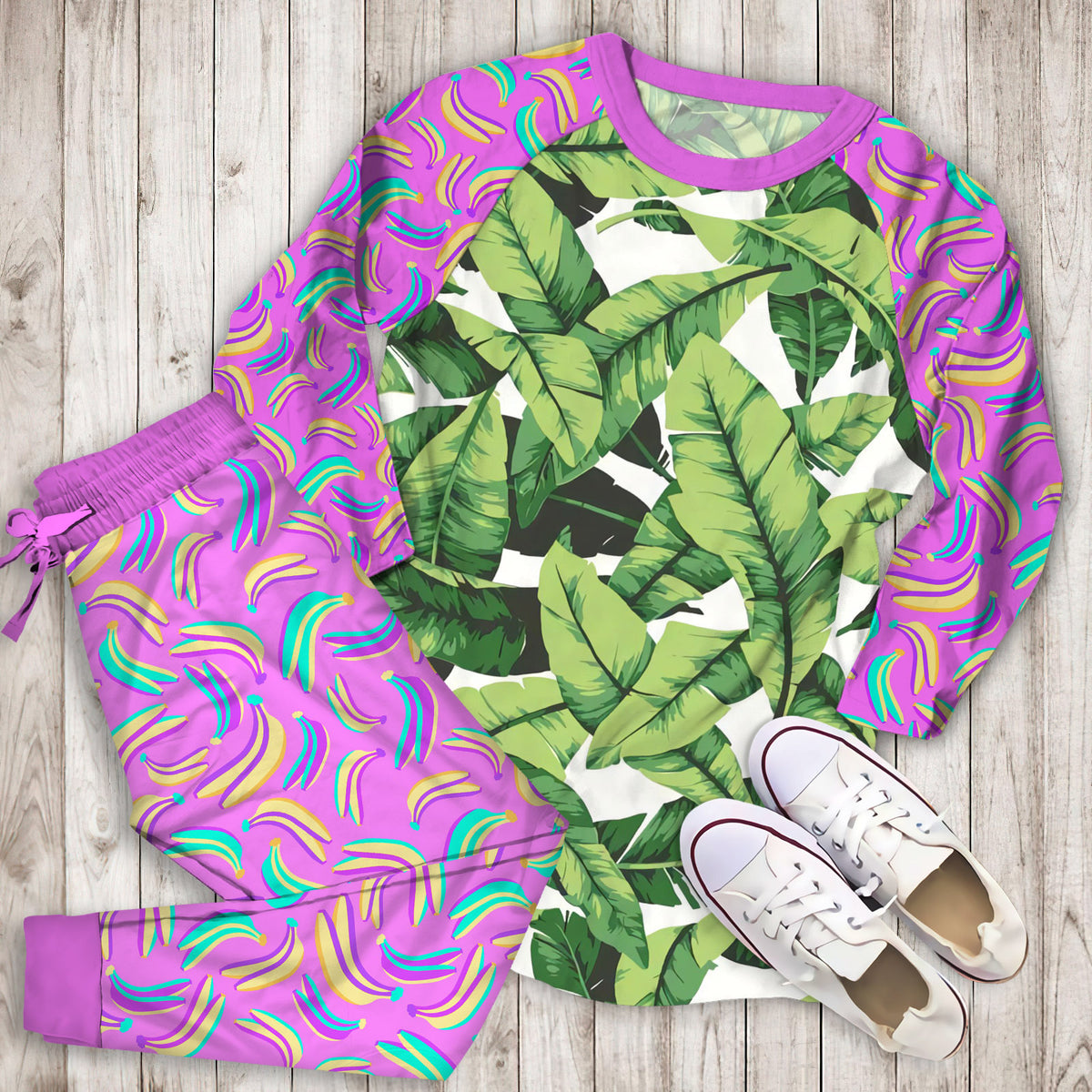 Banana Leaf Pajama Set | Pajamas | Cotton Sleepwear Sets | Soft Long Sleeve Pjs | Raglan Shirt and Pants Set