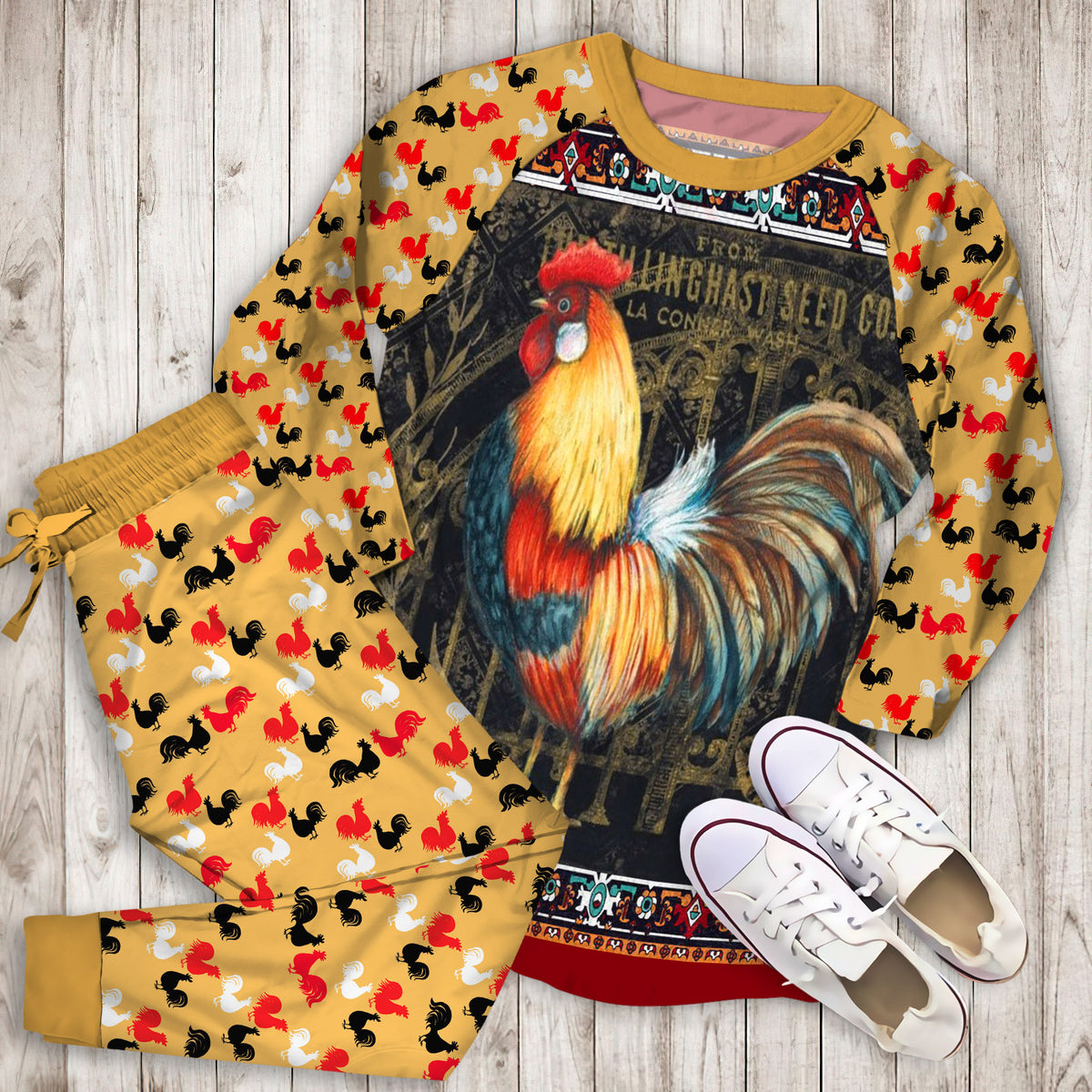 Rustic Rooster Pajama Set | Pajamas | Cotton Sleepwear Sets | Soft Long Sleeve Pjs | Raglan Shirt and Pants Set