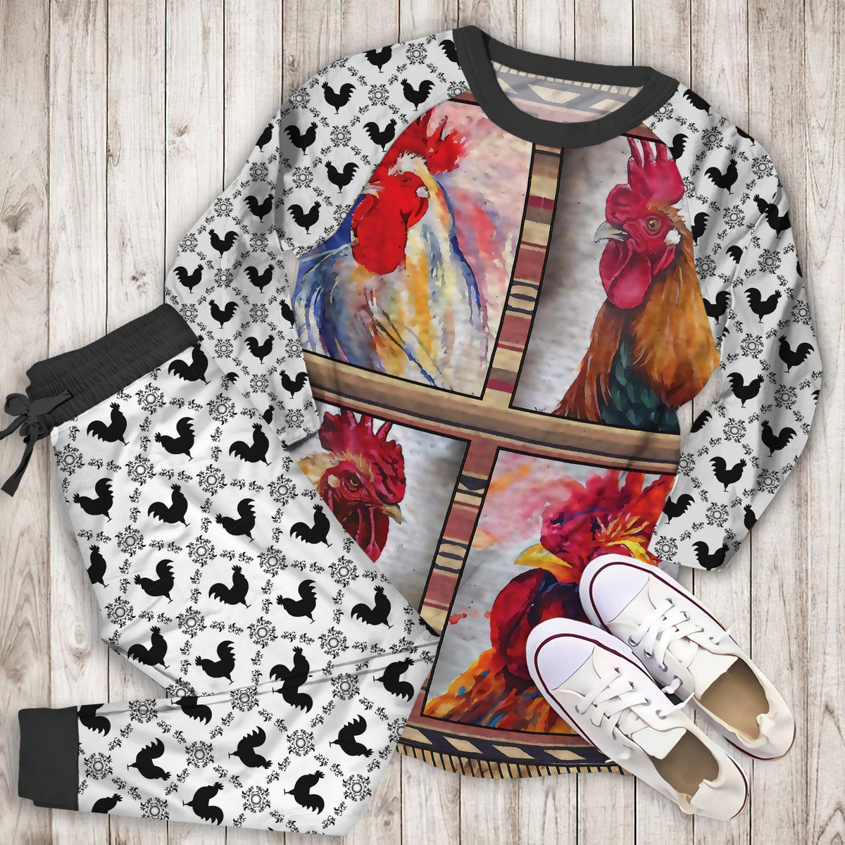 Rooster Chicken Pajama Set | Pajamas | Cotton Sleepwear Sets | Soft Long Sleeve Pjs | Raglan Shirt and Pants Set