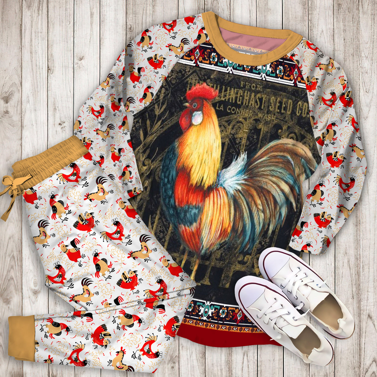 Rustic Rooster Pajama Set | Pajamas | Cotton Sleepwear Sets | Soft Long Sleeve Pjs | Raglan Shirt and Pants Set