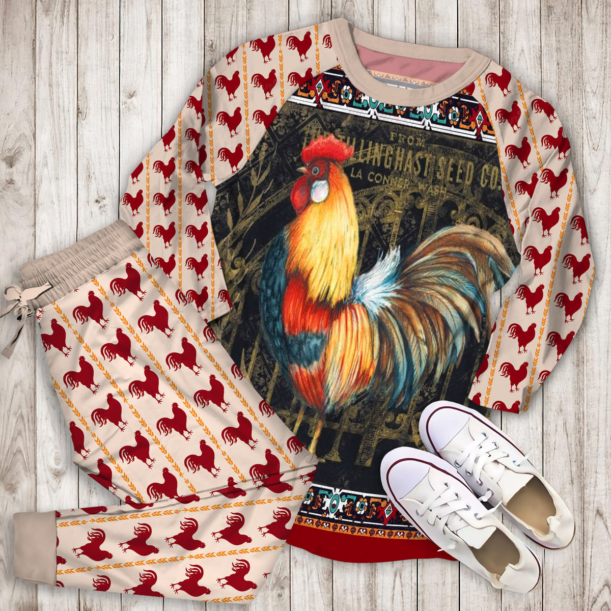 Rustic Rooster Pajama Set | Pajamas | Cotton Sleepwear Sets | Soft Long Sleeve Pjs | Raglan Shirt and Pants Set