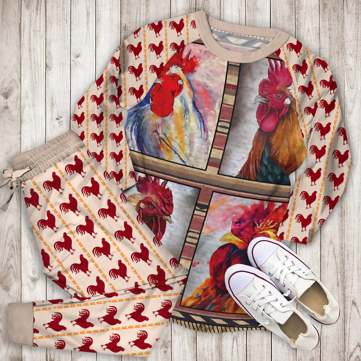 Rooster Chicken Pajama Set | Pajamas | Cotton Sleepwear Sets | Soft Long Sleeve Pjs | Raglan Shirt and Pants Set