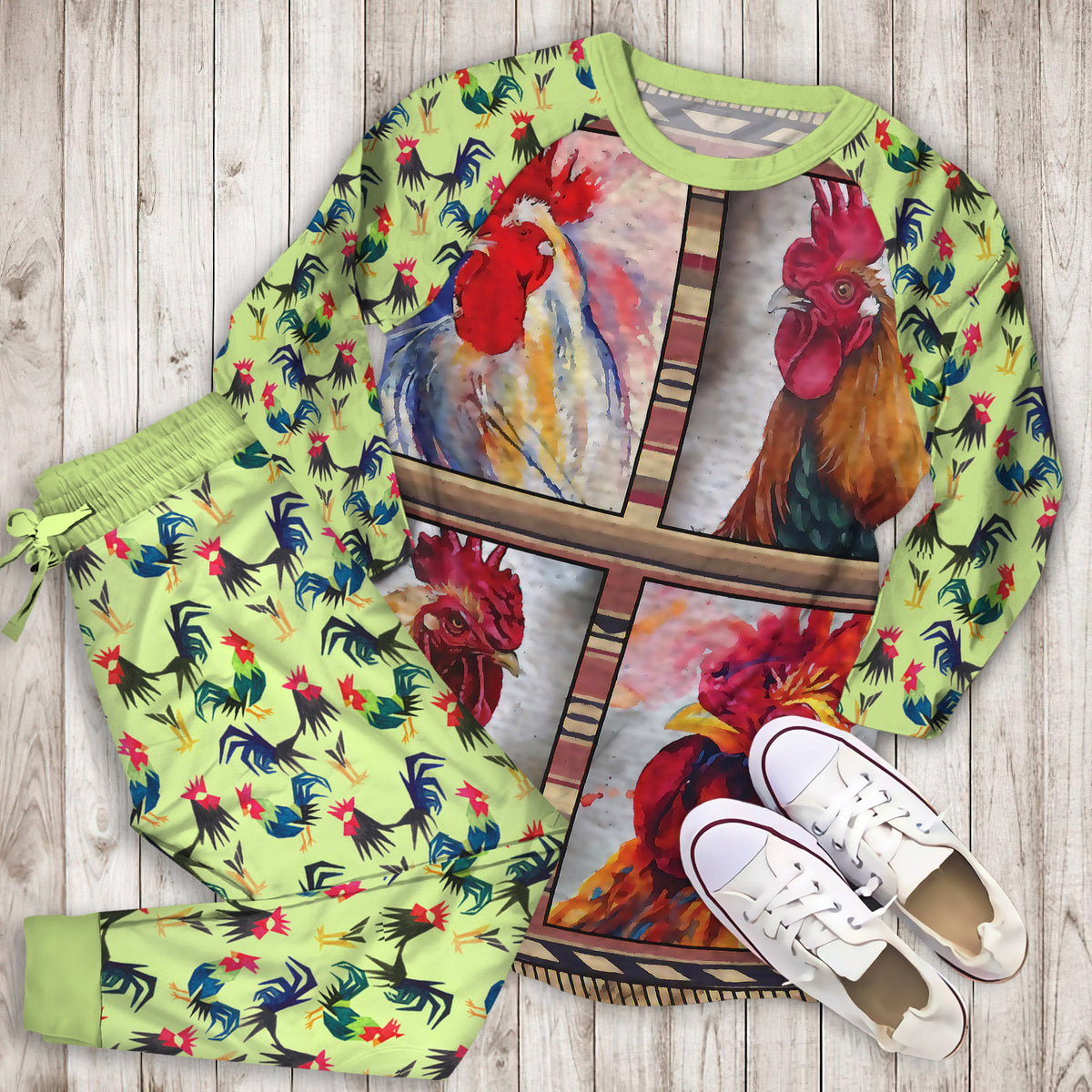 Rooster Chicken Pajama Set | Pajamas | Cotton Sleepwear Sets | Soft Long Sleeve Pjs | Raglan Shirt and Pants Set
