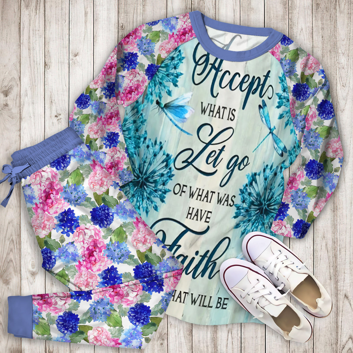 Hydrangea Accept Pajama Set | Pajamas | Cotton Sleepwear Sets | Soft Long Sleeve Pjs | Raglan Shirt and Pants Set