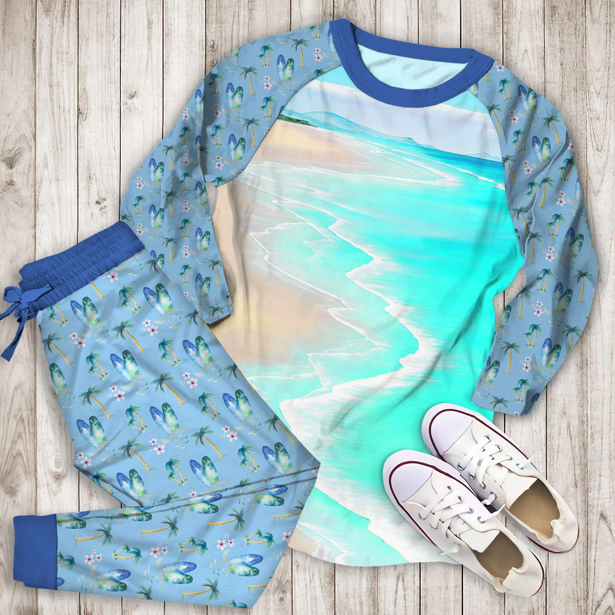 Beach Pajama Set | Pajamas | Cotton Sleepwear Sets | Soft Long Sleeve Pjs | Raglan Shirt and Pants Set