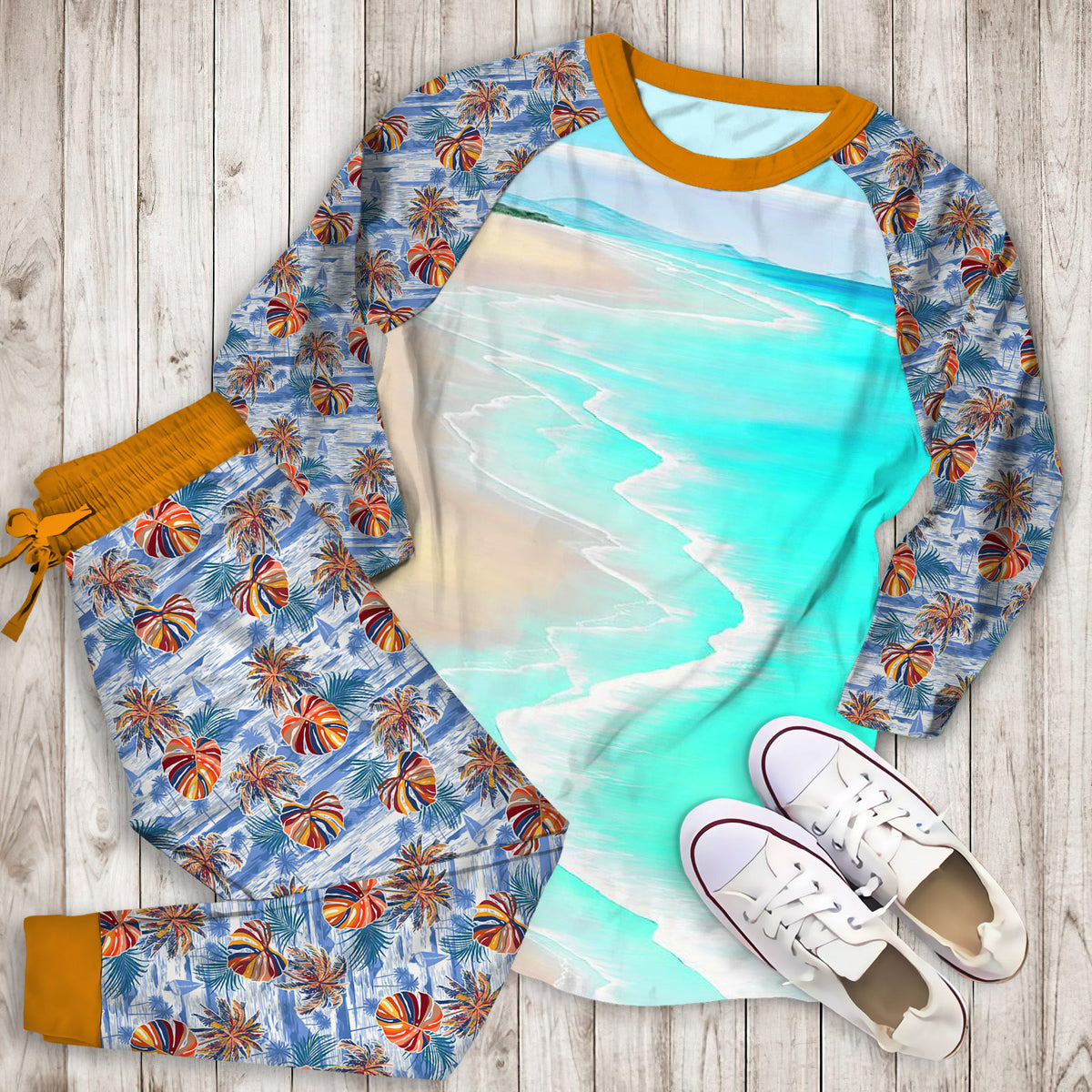 Beach Pajama Set | Pajamas | Cotton Sleepwear Sets | Soft Long Sleeve Pjs | Raglan Shirt and Pants Set
