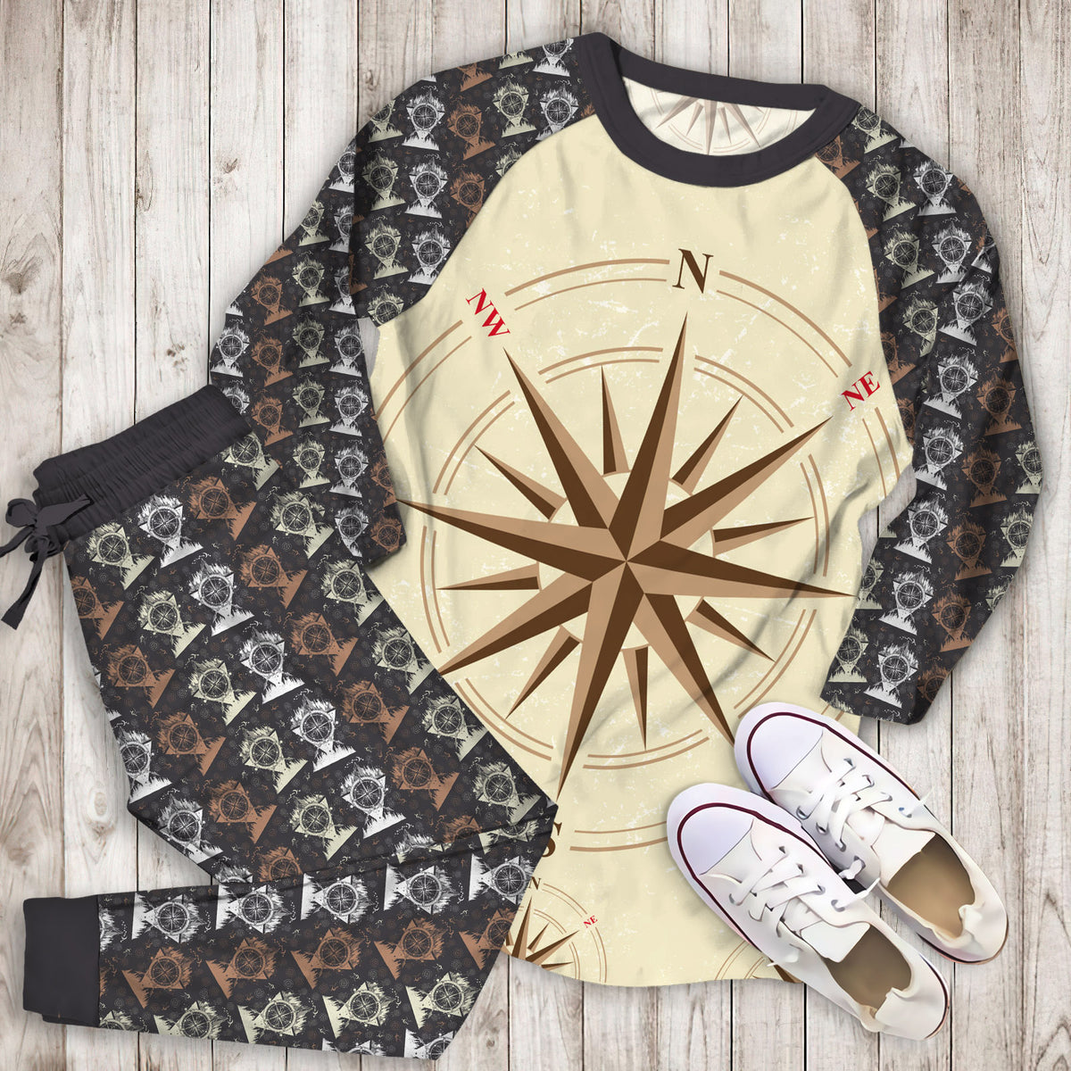 Compass Nautical Pajama Set | Pajamas | Cotton Sleepwear Sets | Soft Long Sleeve Pjs | Raglan Shirt and Pants Set