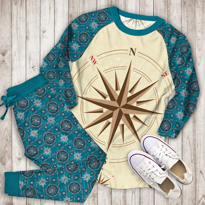 Compass Nautical Pajama Set | Pajamas | Cotton Sleepwear Sets | Soft Long Sleeve Pjs | Raglan Shirt and Pants Set