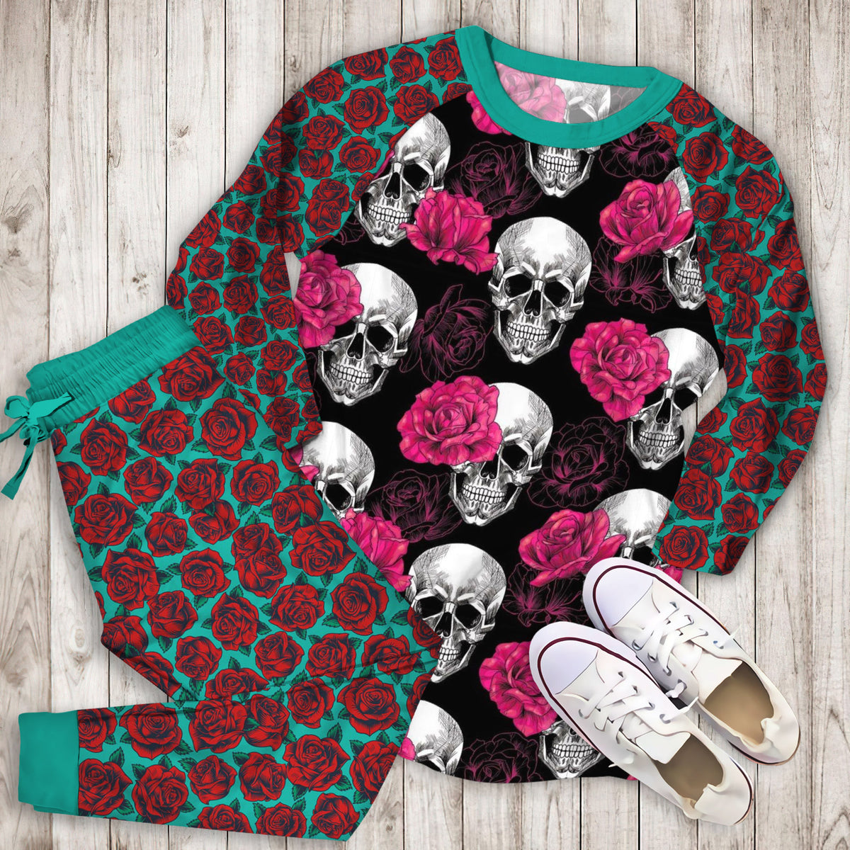 Rose Skull Black Pajama Set | Pajamas | Cotton Sleepwear Sets | Soft Long Sleeve Pjs | Raglan Shirt and Pants Set