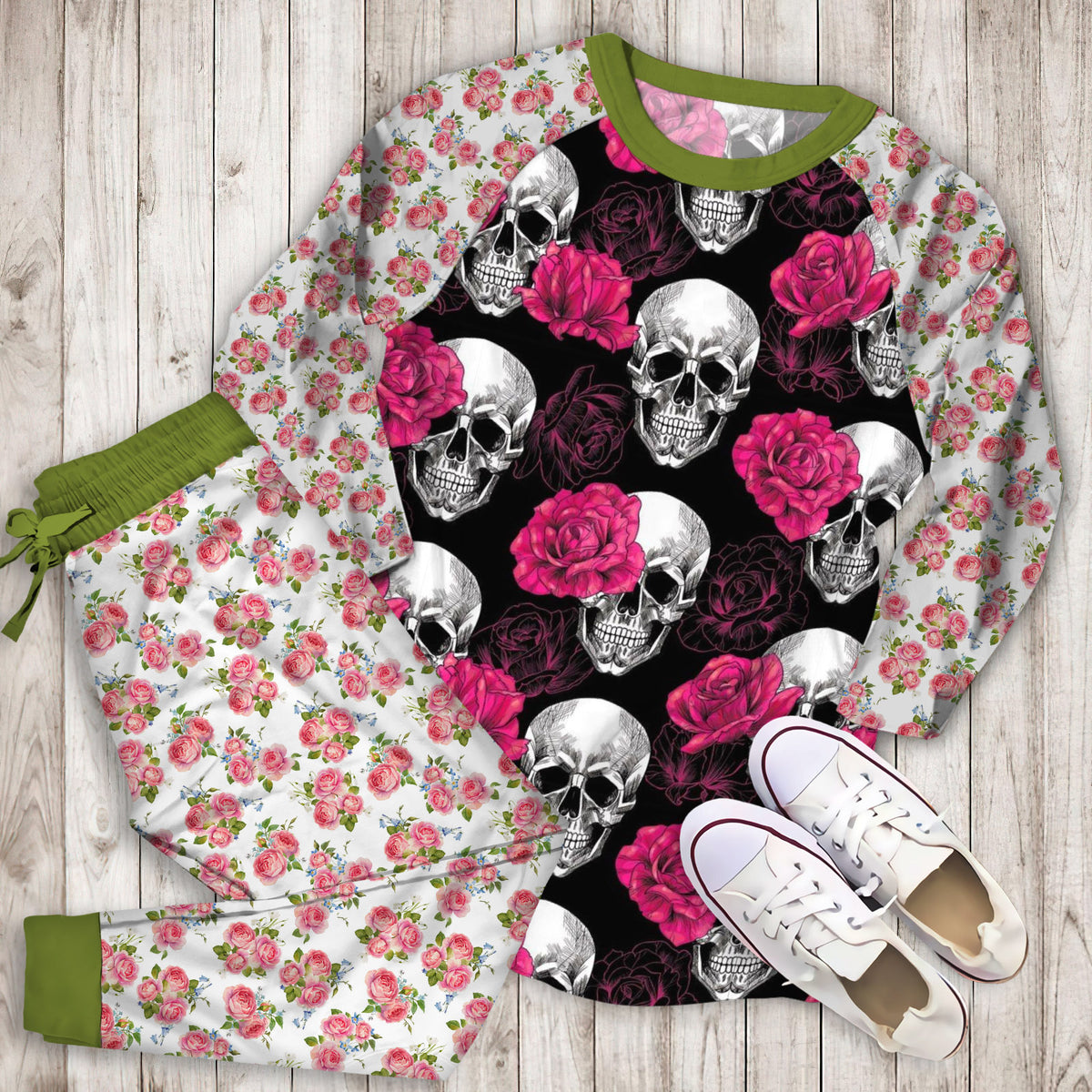 Rose Skull Black Pajama Set | Pajamas | Cotton Sleepwear Sets | Soft Long Sleeve Pjs | Raglan Shirt and Pants Set