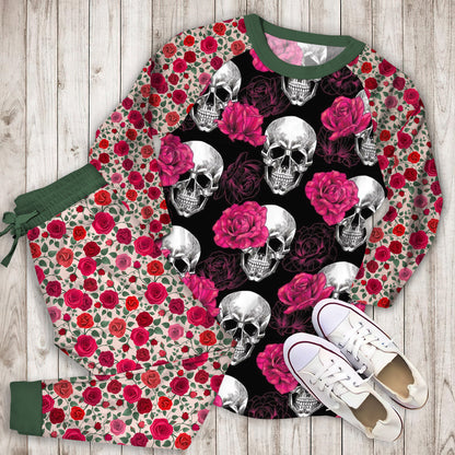 Rose Skull Black Pajama Set | Pajamas | Cotton Sleepwear Sets | Soft Long Sleeve Pjs | Raglan Shirt and Pants Set