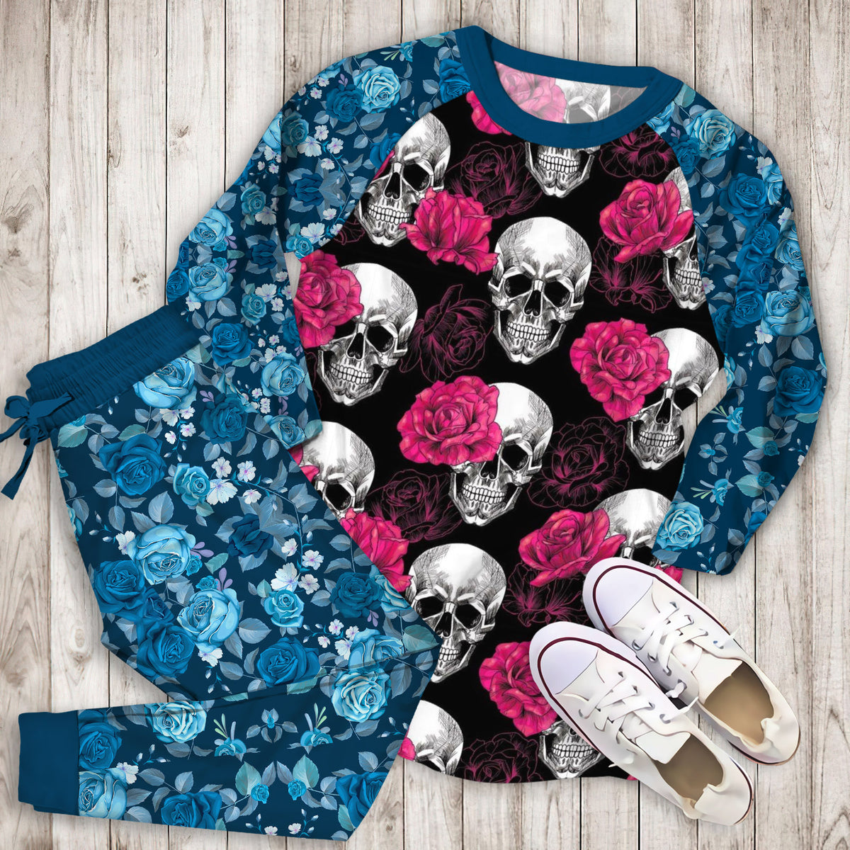 Rose Skull Black Pajama Set | Pajamas | Cotton Sleepwear Sets | Soft Long Sleeve Pjs | Raglan Shirt and Pants Set