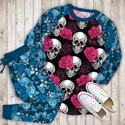 Rose Skull Black Pajama Set | Pajamas | Cotton Sleepwear Sets | Soft Long Sleeve Pjs | Raglan Shirt and Pants Set