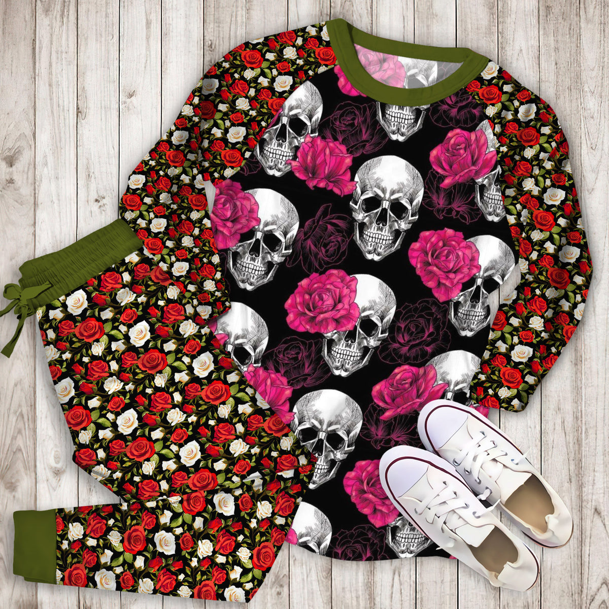 Rose Skull Black Pajama Set | Pajamas | Cotton Sleepwear Sets | Soft Long Sleeve Pjs | Raglan Shirt and Pants Set