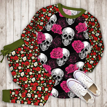Rose Skull Black Pajama Set | Pajamas | Cotton Sleepwear Sets | Soft Long Sleeve Pjs | Raglan Shirt and Pants Set