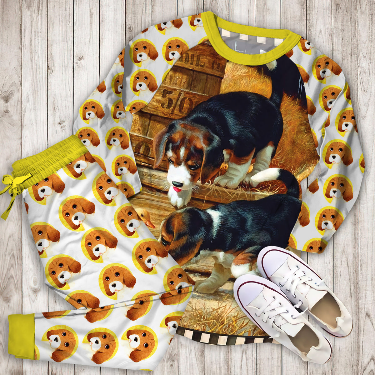 Beagle Pajama Set | Pajamas | Cotton Sleepwear Sets | Soft Long Sleeve Pjs | Raglan Shirt and Pants Set