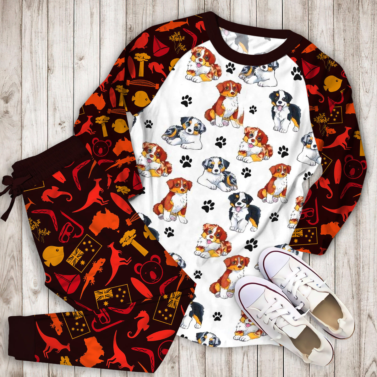 Australian Shepherd Mom Pajama Set | Pajamas | Cotton Sleepwear Sets | Soft Long Sleeve Pjs | Raglan Shirt and Pants Set