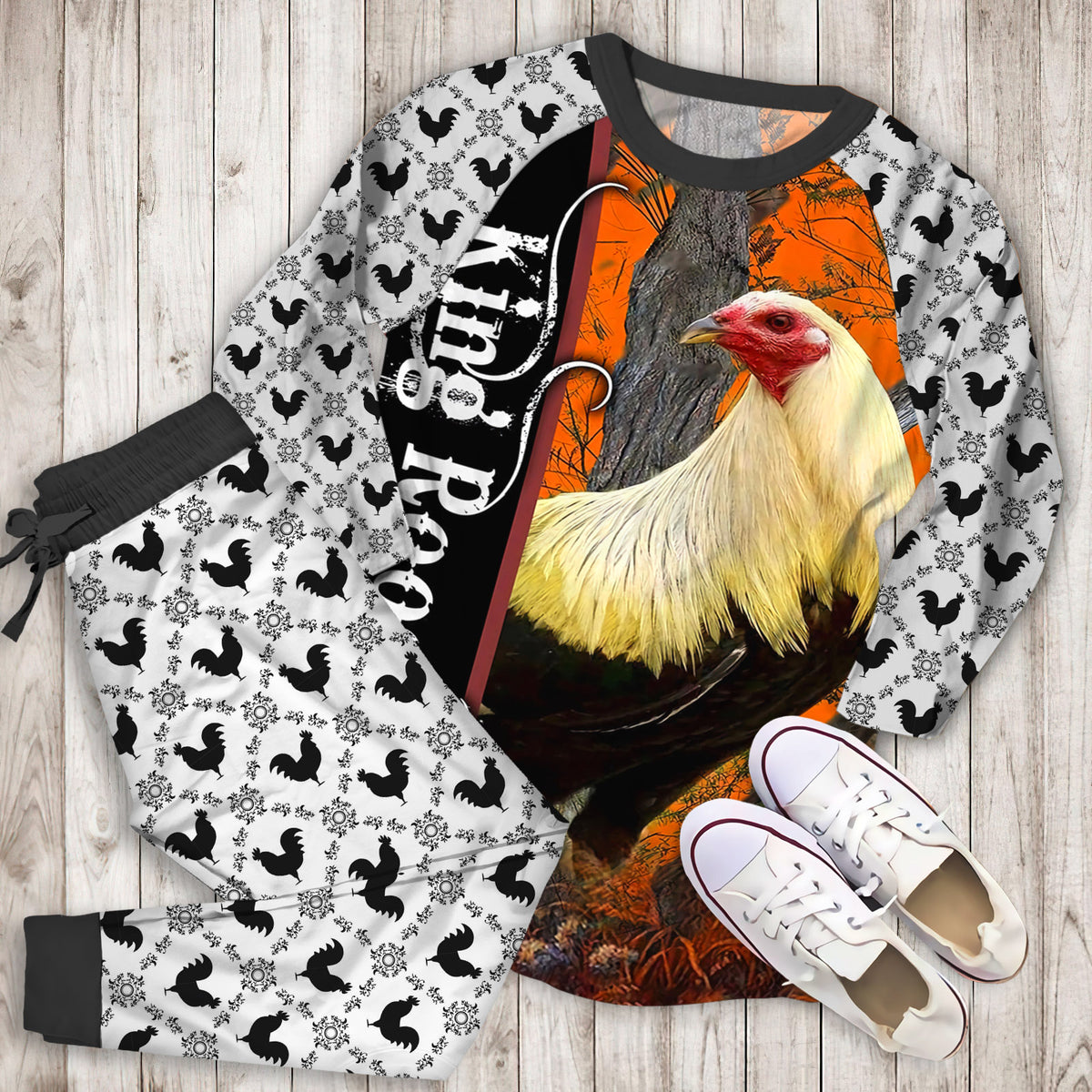 Rooster King Personalized Name Pajama Set |Sleepwear Pjs Sets | Raglan Shirt Pants Set
