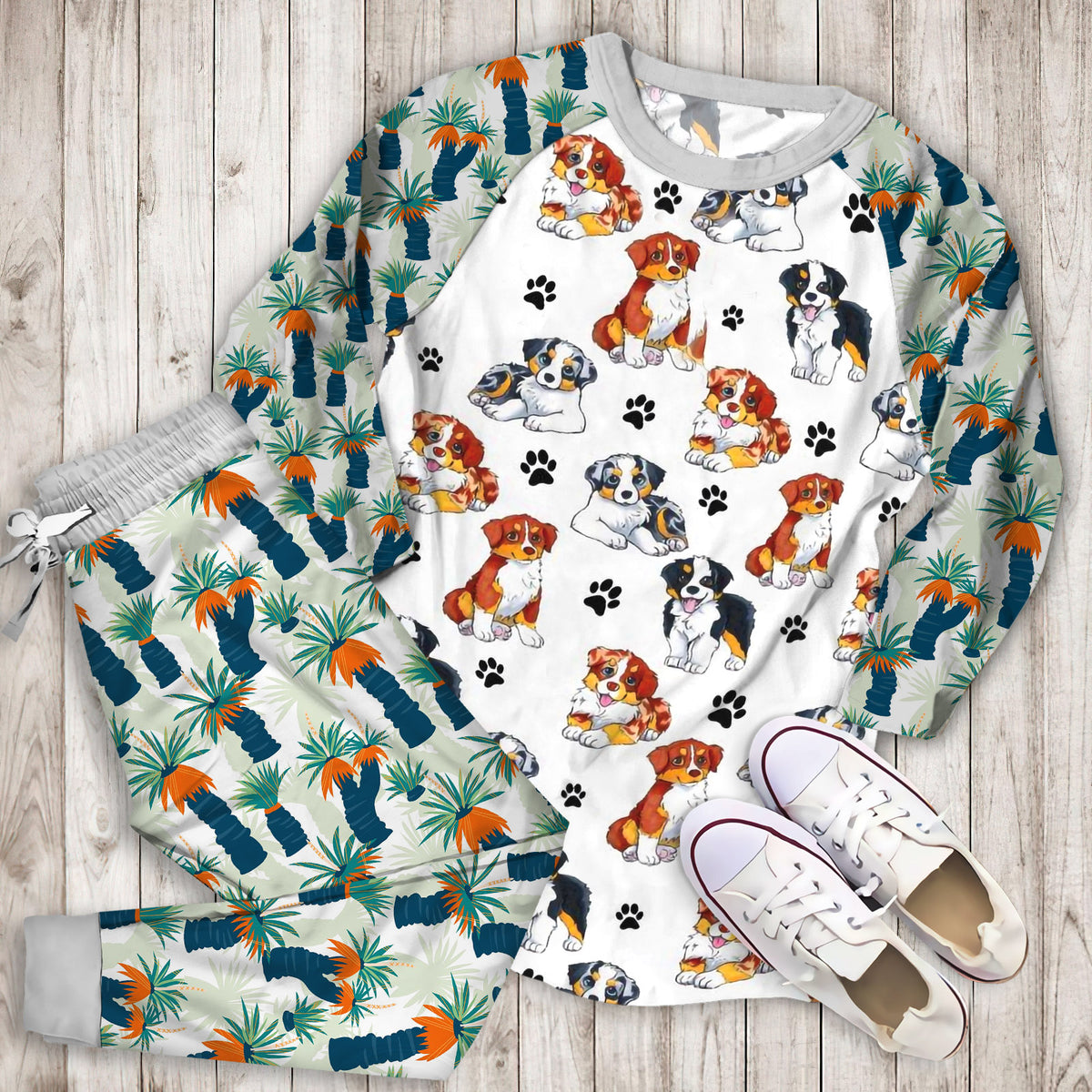 Australian Shepherd Mom Pajama Set | Pajamas | Cotton Sleepwear Sets | Soft Long Sleeve Pjs | Raglan Shirt and Pants Set
