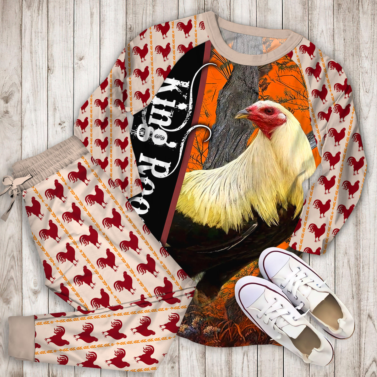 Rooster King Personalized Name Pajama Set |Sleepwear Pjs Sets | Raglan Shirt Pants Set