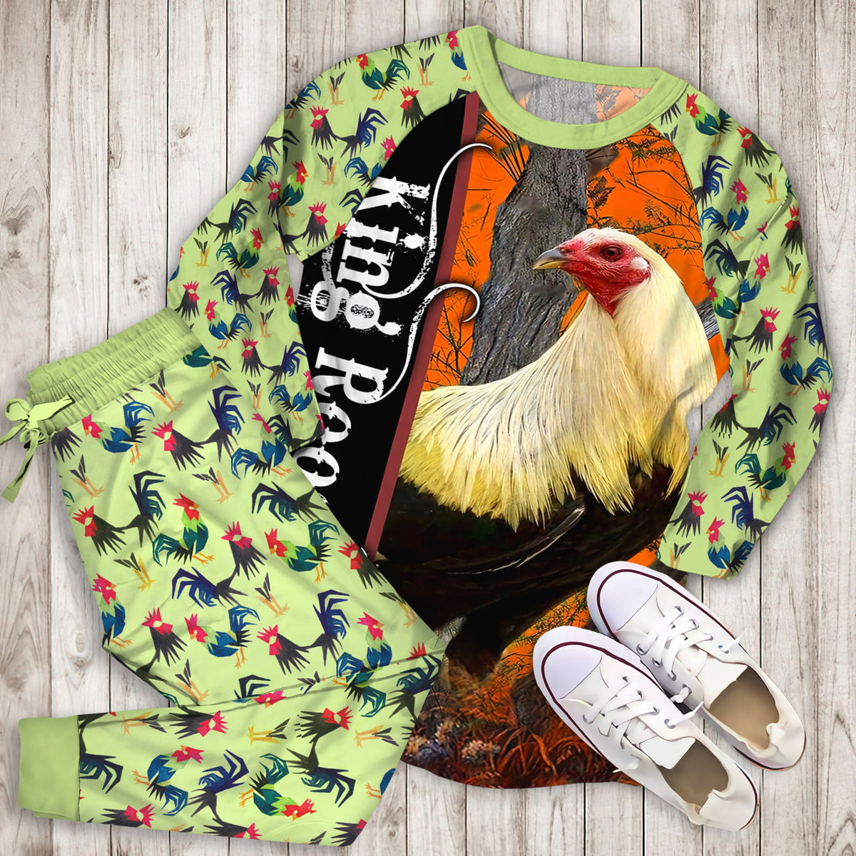 Rooster King Personalized Name Pajama Set |Sleepwear Pjs Sets | Raglan Shirt Pants Set
