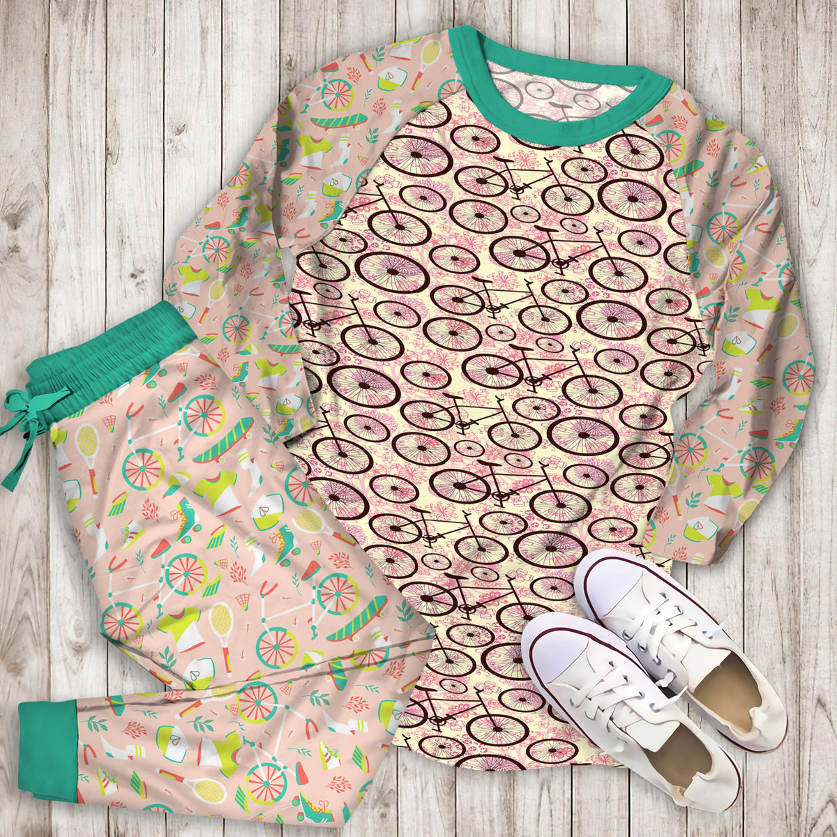 Bicycles Pajama Set | Pajamas | Cotton Sleepwear Sets | Soft Long Sleeve Pjs | Raglan Shirt and Pants Set
