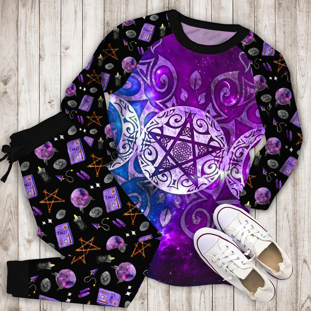 Wicca Triple Moon Pajama Set | Pajamas | Cotton Sleepwear Sets | Soft Long Sleeve Pjs | Raglan Shirt and Pants Set