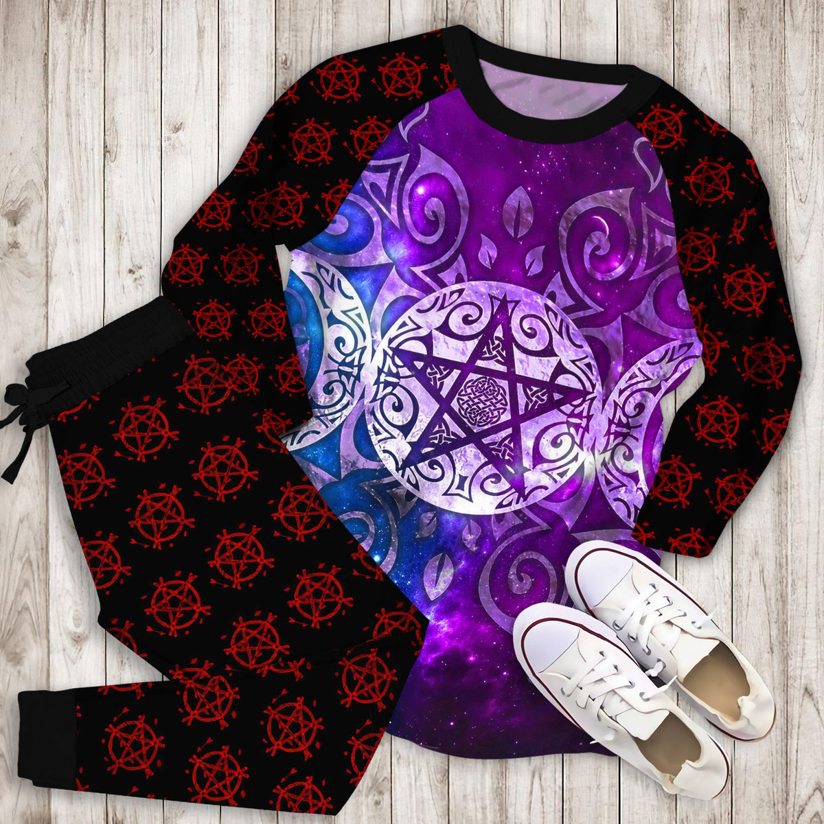 Wicca Triple Moon Pajama Set | Pajamas | Cotton Sleepwear Sets | Soft Long Sleeve Pjs | Raglan Shirt and Pants Set